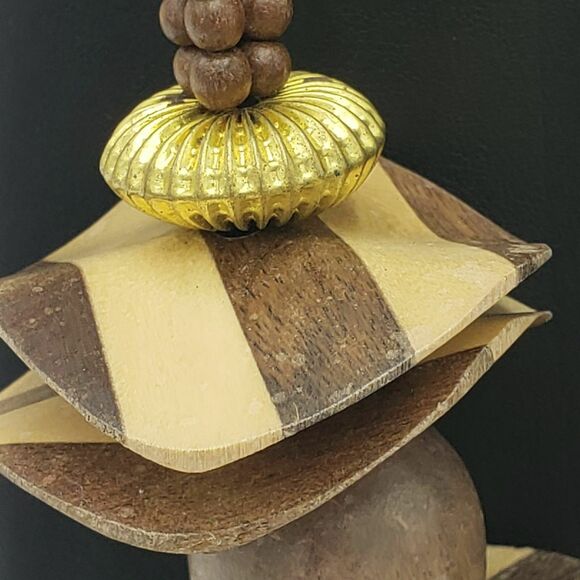 Wood Banded Striped Discs Round Beads Necklace Chunky Vintage Clasp Gold Tone - Picture 6 of 10